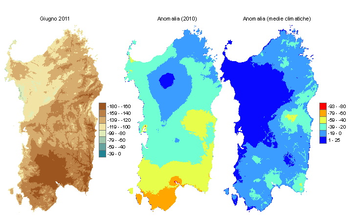 Figura 2 - Mappe di bilancio idro-meteorologico di giugno 2011 e di anomalia rispetto all'anno precedente e ai valori medi trentennali. Figura 2 - Mappe di bilancio idro-meteorologico di giugno 2011 e di anomalia rispetto all'anno precedente e ai valori medi trentennali.