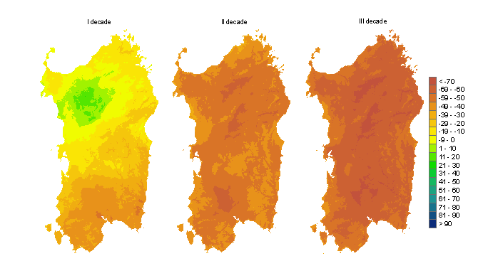Figura 3 - Mappe di bilancio idro-meteorologico della I, II e III decade di giugno 2011. Figura 3 - Mappe di bilancio idro-meteorologico della I, II e III decade di giugno 2011.