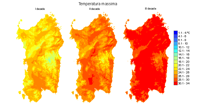 Figura 5 - Valori medi decadali delle temperature massime registrate nel mese di giugno 2011.