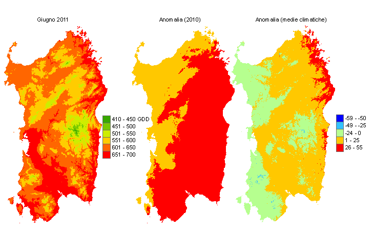 Figura 6 - Mappe di sommatorie termiche in base 0 °C calcolate per il mese di giugno 2011 e raffronto con l'anno precedente e con i valori medi trentennali. Figura 6 - Mappe di sommatorie termiche in base 0 °C calcolate per il mese di giugno 2011 e raffronto con l'anno precedente e con i valori medi trentennali.