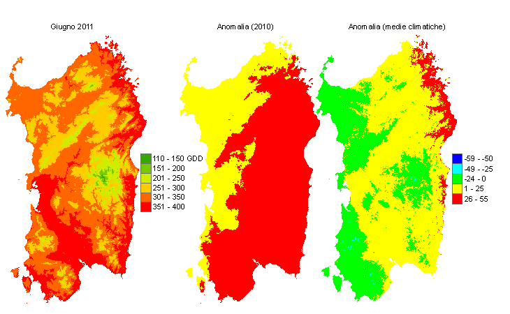 Figura 7 - Mappe di sommatorie termiche in base 10 °C calcolate per il mese di giugno 2011 e raffronto con l'anno precedente e con i valori medi trentennali. Figura 7 - Mappe di sommatorie termiche in base 10 °C calcolate per il mese di giugno 2011 e raffronto con l'anno precedente e con i valori medi trentennali.
