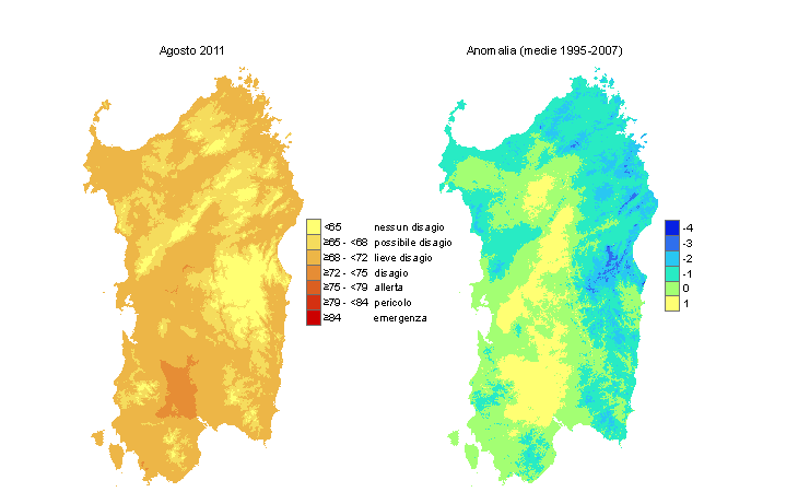 Figura 12 - Mappe di THI per il mese di agosto 2011 e raffronto con i valori medi del periodo 1995-2007. Figura 12 - Mappe di THI per il mese di agosto 2011 e raffronto con i valori medi del periodo 1995-2007.