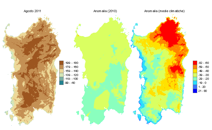 Figura 2 - Mappe di bilancio idro-meteorologico di agosto 2011 e di anomalia rispetto all'anno precedente e ai valori medi trentennali. Figura 2 - Mappe di bilancio idro-meteorologico di agosto 2011 e di anomalia rispetto all'anno precedente e ai valori medi trentennali.