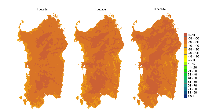 Figura 3 - Mappe di bilancio idro-meteorologico della I, II e III decade di agosto 2011. Figura 3 - Mappe di bilancio idro-meteorologico della I, II e III decade di agosto 2011.