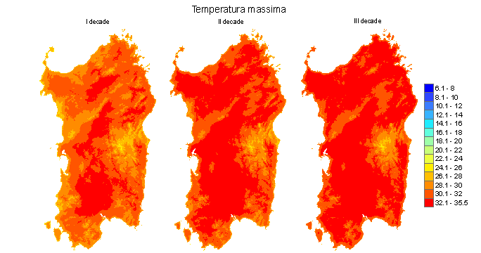Figura 5 - Valori medi decadali delle temperature massime registrate nel mese di agosto 2011. Figura 5 - Valori medi decadali delle temperature massime registrate nel mese di agosto 2011.
