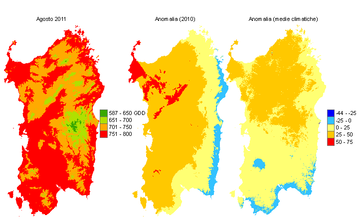 Figura 6 - Mappe di sommatorie termiche in base 0 °C calcolate per il mese di agosto 2011 e raffronto con l'anno precedente e con i valori medi trentennali. Figura 6 - Mappe di sommatorie termiche in base 0 °C calcolate per il mese di agosto 2011 e raffronto con l'anno precedente e con i valori medi trentennali.
