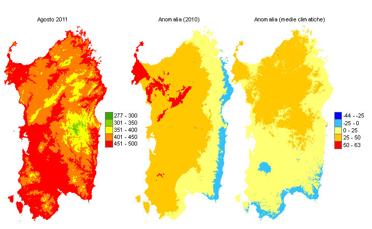 Figura 7 - Mappe di sommatorie termiche in base 10 °C calcolate per il mese di agosto 2011 e raffronto con l'anno precedente e con i valori medi trentennali. Figura 7 - Mappe di sommatorie termiche in base 10 °C calcolate per il mese di agosto 2011 e raffronto con l'anno precedente e con i valori medi trentennali.