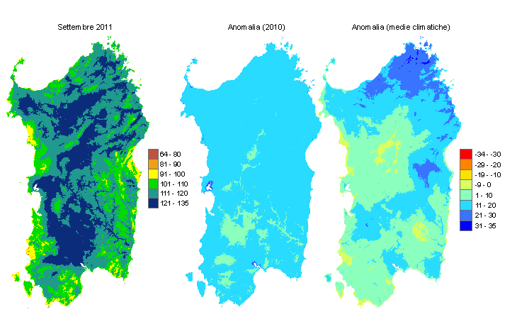Figura 1 - Mappe di evapotraspirazione di riferimento di settembre 2011 e di anomalia rispetto all'anno precedente e ai valori medi trentennali. Figura 1 - Mappe di evapotraspirazione di riferimento di settembre 2011 e di anomalia rispetto all'anno precedente e ai valori medi trentennali.