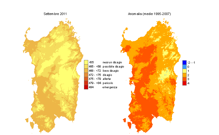 Figura 12 - Mappe di THI per il mese di settembre 2011 e raffronto con i valori medi del periodo 1995-2007. Figura 12 - Mappe di THI per il mese di settembre 2011 e raffronto con i valori medi del periodo 1995-2007.