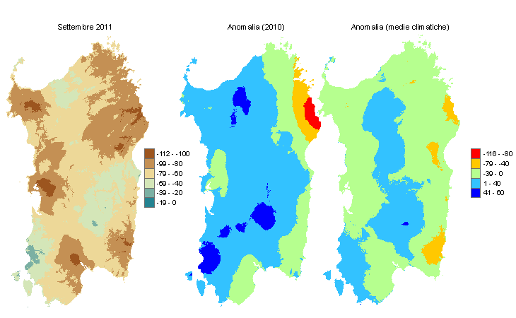 Figura 2 - Mappe di bilancio idro-meteorologico di settembre 2011 e di anomalia rispetto all'anno precedente e ai valori medi trentennali. Figura 2 - Mappe di bilancio idro-meteorologico di settembre 2011 e di anomalia rispetto all'anno precedente e ai valori medi trentennali.