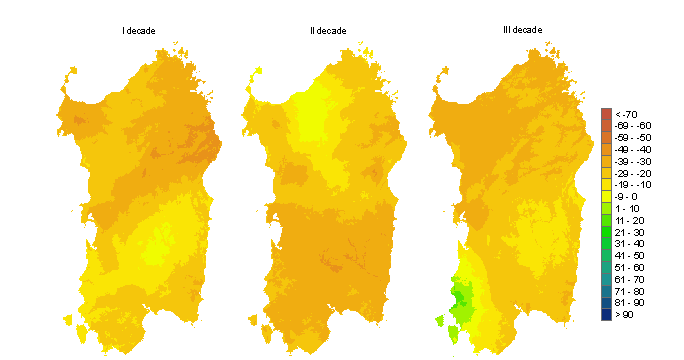 Figura 3 - Mappe di bilancio idro-meteorologico della I, II e III decade di settembre 2011. Figura 3 - Mappe di bilancio idro-meteorologico della I, II e III decade di settembre 2011.