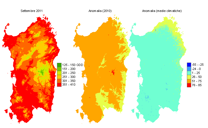 Figura 7 - Mappe di sommatorie termiche in base 10 °C calcolate per il mese di settembre 2011 e raffronto con l'anno precedente e con i valori medi trentennali. Figura 7 - Mappe di sommatorie termiche in base 10 °C calcolate per il mese di settembre 2011 e raffronto con l'anno precedente e con i valori medi trentennali.