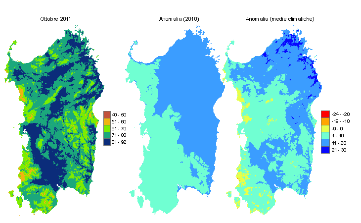 Figura 1 - Mappe di evapotraspirazione di riferimento di ottobre 2011 e di anomalia rispetto all'anno precedente e ai valori medi trentennali. Figura 1 - Mappe di evapotraspirazione di riferimento di ottobre 2011 e di anomalia rispetto all'anno precedente e ai valori medi trentennali.