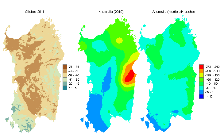 Figura 2 - Mappe di bilancio idro-meteorologico di ottobre 2011 e di anomalia rispetto all'anno precedente e ai valori medi trentennali. Figura 2 - Mappe di bilancio idro-meteorologico di ottobre 2011 e di anomalia rispetto all'anno precedente e ai valori medi trentennali.