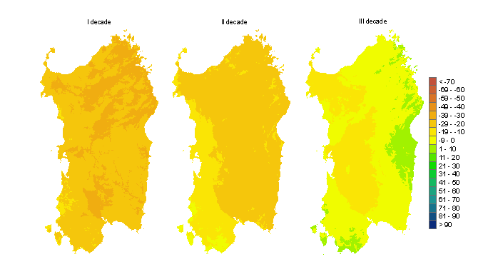 Figura 3 - Mappe di bilancio idro-meteorologico della I, II e III decade di ottobre 2011. Figura 3 - Mappe di bilancio idro-meteorologico della I, II e III decade di ottobre 2011.