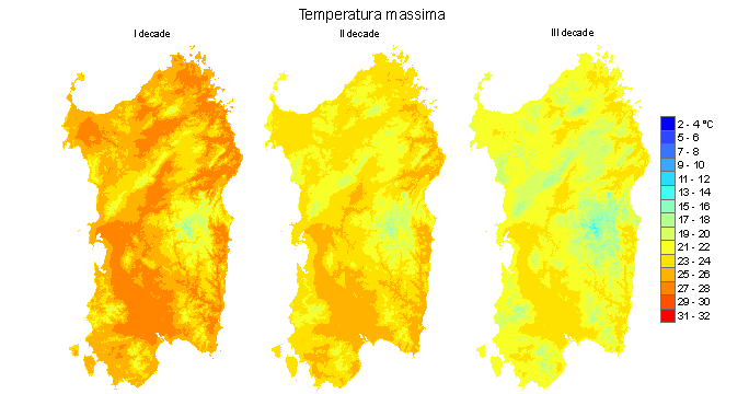 Figura 5 - Valori medi decadali delle temperature massime registrate nel mese di ottobre 2011. Figura 5 - Valori medi decadali delle temperature massime registrate nel mese di ottobre 2011.