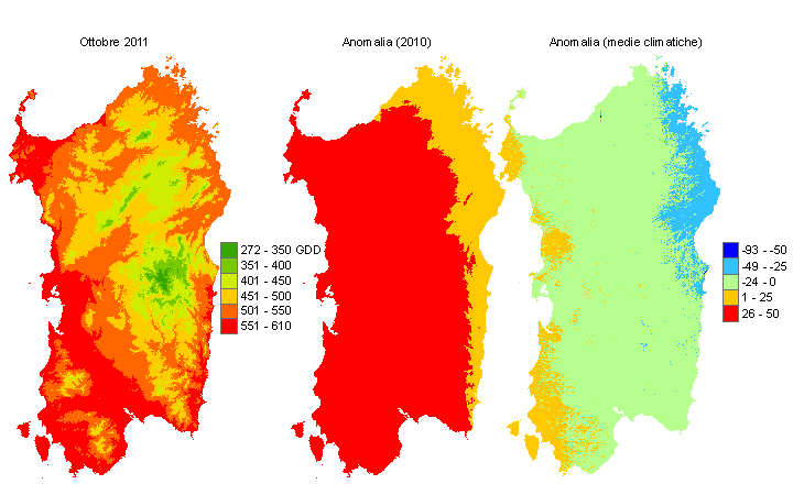 Figura 6 - Mappe di sommatorie termiche in base 0 °C calcolate per il mese di ottobre 2011 e raffronto con l'anno precedente e con i valori medi trentennali. Figura 6 - Mappe di sommatorie termiche in base 0 °C calcolate per il mese di ottobre 2011 e raffronto con l'anno precedente e con i valori medi trentennali.