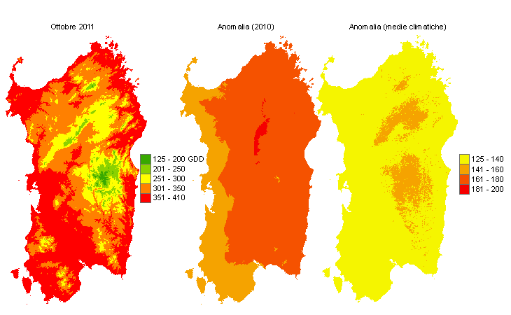 Figura 7 - Mappe di sommatorie termiche in base 10 °C calcolate per il mese di ottobre 2011 e raffronto con l'anno precedente e con i valori medi trentennali. Figura 7 - Mappe di sommatorie termiche in base 10 °C calcolate per il mese di ottobre 2011 e raffronto con l'anno precedente e con i valori medi trentennali.