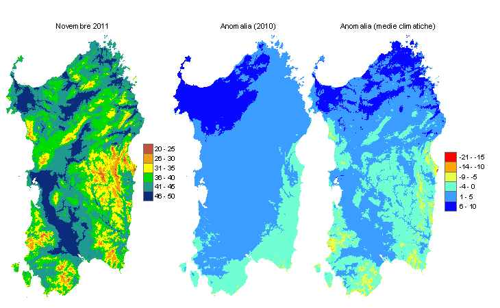 Figura 1 - Mappe di evapotraspirazione di riferimento di novembre 2011 e di anomalia rispetto all'anno precedente e ai valori medi trentennali. Figura 1 - Mappe di evapotraspirazione di riferimento di novembre 2011 e di anomalia rispetto all'anno precedente e ai valori medi trentennali.