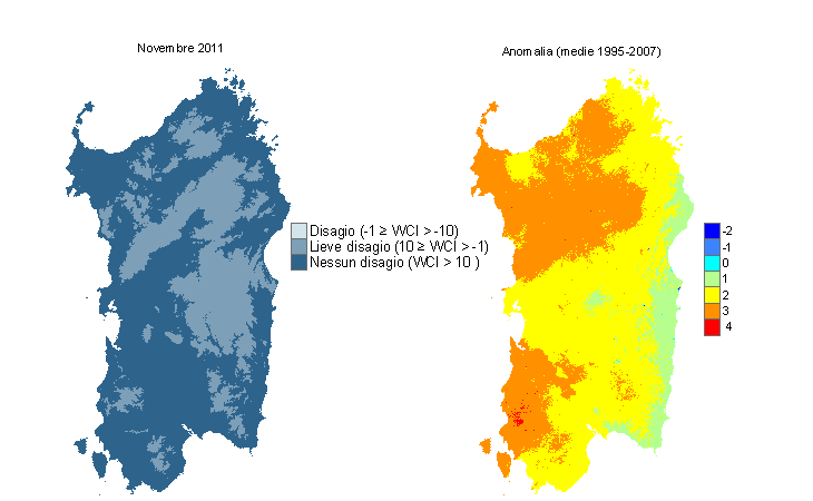 Figura 12 - Mappe di WCI per il mese di novembre 2011 e raffronto con i valori medi del periodo 1995-2007. Figura 12 - Mappe di WCI per il mese di novembre 2011 e raffronto con i valori medi del periodo 1995-2007.