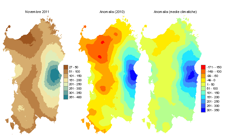 Figura 2 - Mappe di bilancio idro-meteorologico di novembre 2011 e di anomalia rispetto all'anno precedente e ai valori medi trentennali. Figura 2 - Mappe di bilancio idro-meteorologico di novembre 2011 e di anomalia rispetto all'anno precedente e ai valori medi trentennali.