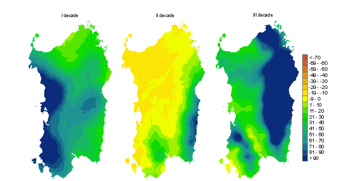 Figura 3 - Mappe di bilancio idro-meteorologico della I, II e III decade di novembre 2011. Figura 3 - Mappe di bilancio idro-meteorologico della I, II e III decade di novembre 2011.