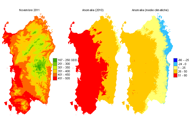 Figura 6 - Mappe di sommatorie termiche in base 0 °C calcolate per il mese di novembre 2011 e raffronto con l'anno precedente e con i valori medi trentennali. Figura 6 - Mappe di sommatorie termiche in base 0 °C calcolate per il mese di novembre 2011 e raffronto con l'anno precedente e con i valori medi trentennali.