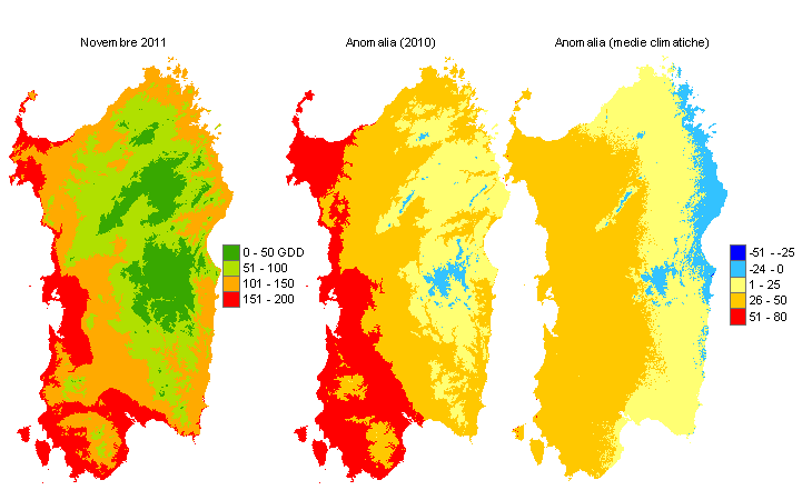 Figura 7 - Mappe di sommatorie termiche in base 10 °C calcolate per il mese di novembre 2011 e raffronto con l'anno precedente e con i valori medi trentennali. Figura 7 - Mappe di sommatorie termiche in base 10 °C calcolate per il mese di novembre 2011 e raffronto con l'anno precedente e con i valori medi trentennali.