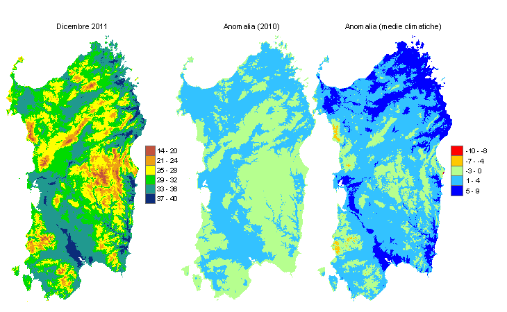 Figura 1 - Mappe di evapotraspirazione di riferimento di dicembre 2011 e di anomalia rispetto all'anno precedente e ai valori medi trentennali. Figura 1 - Mappe di evapotraspirazione di riferimento di dicembre 2011 e di anomalia rispetto all'anno precedente e ai valori medi trentennali.