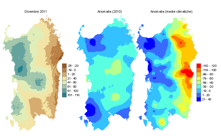 Figura 2 - Mappe di bilancio idro-meteorologico di dicembre 2011 e di anomalia rispetto all'anno precedente e ai valori medi trentennali. Figura 2 - Mappe di bilancio idro-meteorologico di dicembre 2011 e di anomalia rispetto all'anno precedente e ai valori medi trentennali.