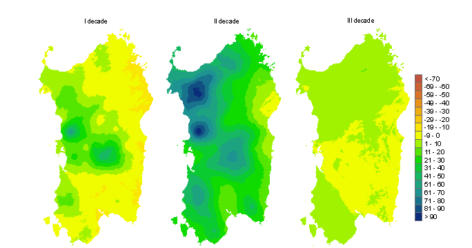 Figura 3 - Mappe di bilancio idro-meteorologico della I, II e III decade di dicembre 2011. Figura 3 - Mappe di bilancio idro-meteorologico della I, II e III decade di dicembre 2011.