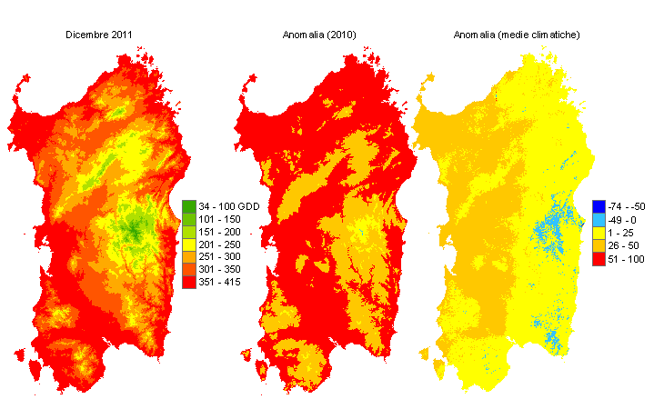 Figura 6 - Mappe di sommatorie termiche in base 0 °C calcolate per il mese di dicembre 2011 e raffronto con l'anno precedente e con i valori medi trentennali. Figura 6 - Mappe di sommatorie termiche in base 0 °C calcolate per il mese di dicembre 2011 e raffronto con l'anno precedente e con i valori medi trentennali.