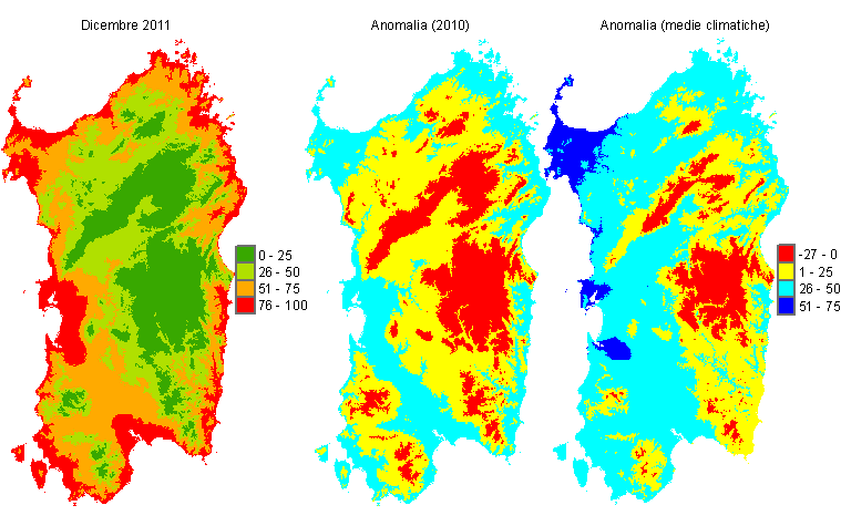 Figura 7 - Mappe di sommatorie termiche in base 10 °C calcolate per il mese di dicembre 2011 e raffronto con l'anno precedente e con i valori medi trentennali. Figura 7 - Mappe di sommatorie termiche in base 10 °C calcolate per il mese di dicembre 2011 e raffronto con l'anno precedente e con i valori medi trentennali.