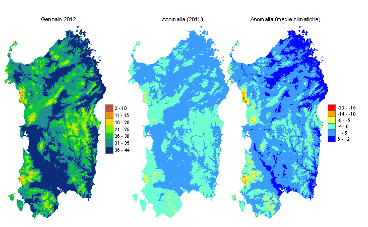 Figura 1 - Mappe di evapotraspirazione di riferimento di gennaio 2012 e di anomalia rispetto all'anno precedente e ai valori medi trentennali. Figura 1 - Mappe di evapotraspirazione di riferimento di gennaio 2012 e di anomalia rispetto all'anno precedente e ai valori medi trentennali.