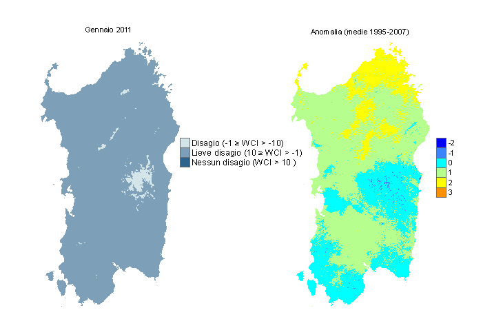 Figura 10 - Mappe di WCI per il mese di gennaio 2012 e raffronto con i valori medi del periodo 1995-2007. Figura 10 - Mappe di WCI per il mese di gennaio 2012 e raffronto con i valori medi del periodo 1995-2007.