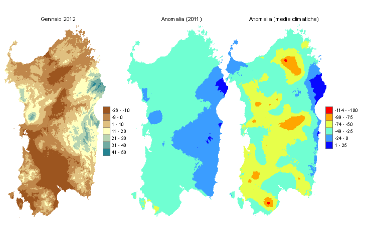 Figura 2 - Mappe di bilancio idro-meteorologico di gennaio 2012 e di anomalia rispetto all'anno precedente e ai valori medi trentennali. Figura 2 - Mappe di bilancio idro-meteorologico di gennaio 2012 e di anomalia rispetto all'anno precedente e ai valori medi trentennali.