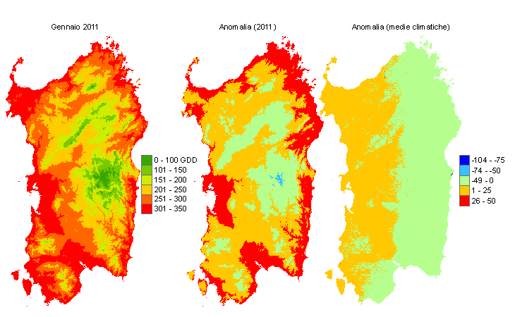 Figura 6 - Mappe di sommatorie termiche in base 0 °C calcolate per il mese di gennaio 2012 e raffronto con l'anno precedente e con i valori medi trentennali. Figura 6 - Mappe di sommatorie termiche in base 0 °C calcolate per il mese di gennaio 2012 e raffronto con l'anno precedente e con i valori medi trentennali.