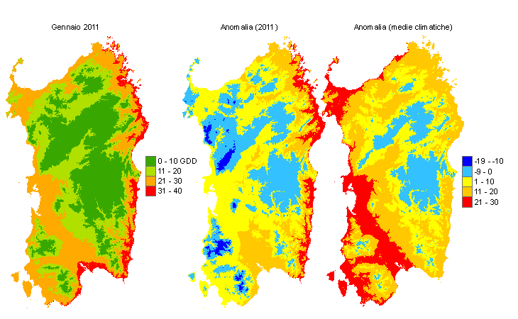 Figura 7 - Mappe di sommatorie termiche in base 10 °C calcolate per il mese di gennaio 2012 e raffronto con l'anno precedente e con i valori medi trentennali. Figura 7 - Mappe di sommatorie termiche in base 10 °C calcolate per il mese di gennaio 2012 e raffronto con l'anno precedente e con i valori medi trentennali.