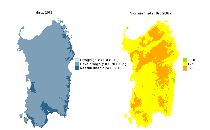 Figura 12 - Mappe di WCI per il mese di marzo 2012 e raffronto con i valori medi del periodo 1995-2007. Figura 12 - Mappe di WCI per il mese di marzo 2012 e raffronto con i valori medi del periodo 1995-2007.