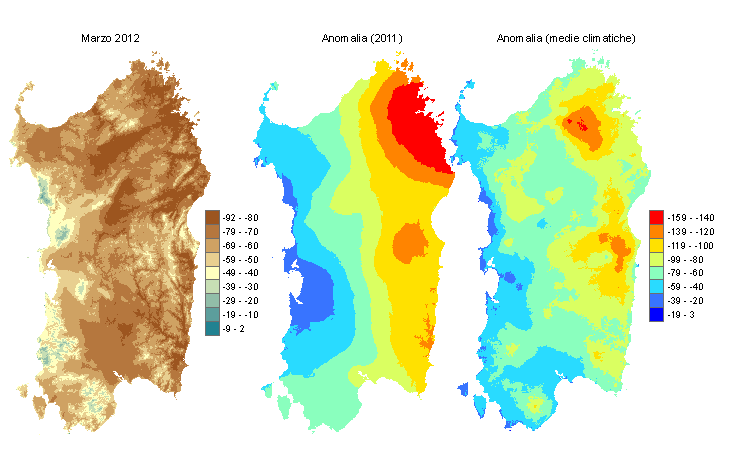 Figura 2 - Mappe di bilancio idro-meteorologico di marzo 2012 e di anomalia rispetto all'anno precedente e ai valori medi trentennali. Figura 2 - Mappe di bilancio idro-meteorologico di marzo 2012 e di anomalia rispetto all'anno precedente e ai valori medi trentennali.