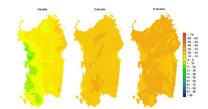 Figura 3 - Mappe di bilancio idro-meteorologico della I, II e III decade di marzo 2012. Figura 3 - Mappe di bilancio idro-meteorologico della I, II e III decade di marzo 2012.