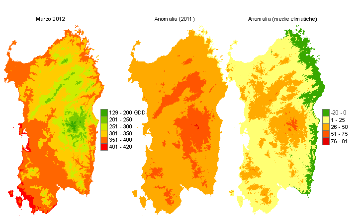 Figura 6 - Mappe di sommatorie termiche in base 0 °C calcolate per il mese di marzo 2012 e raffronto con l'anno precedente e con i valori medi trentennali. Figura 6 - Mappe di sommatorie termiche in base 0 °C calcolate per il mese di marzo 2012 e raffronto con l'anno precedente e con i valori medi trentennali.