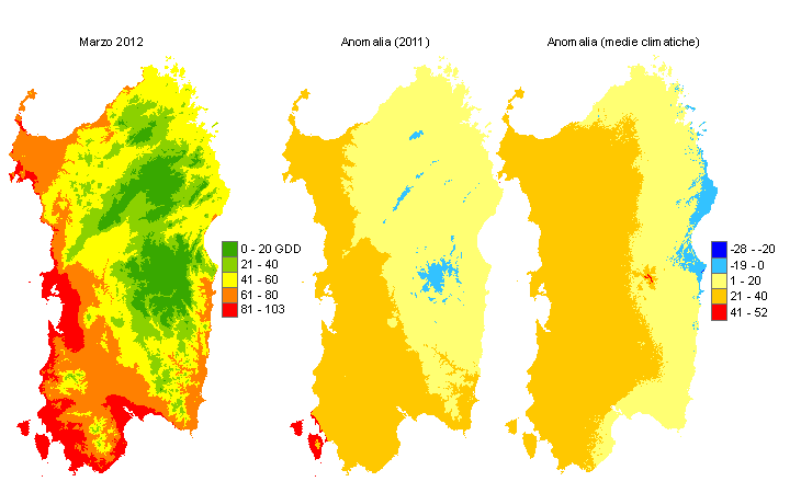 Figura 7 - Mappe di sommatorie termiche in base 10 °C calcolate per il mese di marzo 2012 e raffronto con l'anno precedente e con i valori medi trentennali. Figura 7 - Mappe di sommatorie termiche in base 10 °C calcolate per il mese di marzo 2012 e raffronto con l'anno precedente e con i valori medi trentennali.
