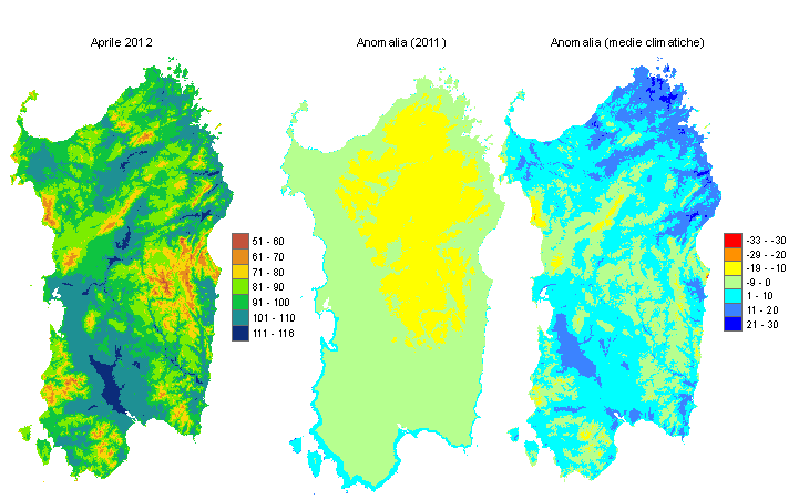 Figura 1 - Mappe di evapotraspirazione di riferimento di aprile 2012 e di anomalia rispetto all'anno precedente e ai valori medi trentennali. Figura 1 - Mappe di evapotraspirazione di riferimento di aprile 2012 e di anomalia rispetto all'anno precedente e ai valori medi trentennali.
