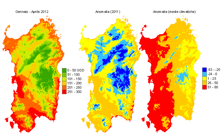 Figura 10 - Sommatorie termiche in base 10 °C calcolate per il periodo gennaio - aprile 2012 e raffronto con l'anno precedente e con i valori medi trentennali. Figura 10 - Sommatorie termiche in base 10 °C calcolate per il periodo gennaio - aprile 2012 e raffronto con l'anno precedente e con i valori medi trentennali.