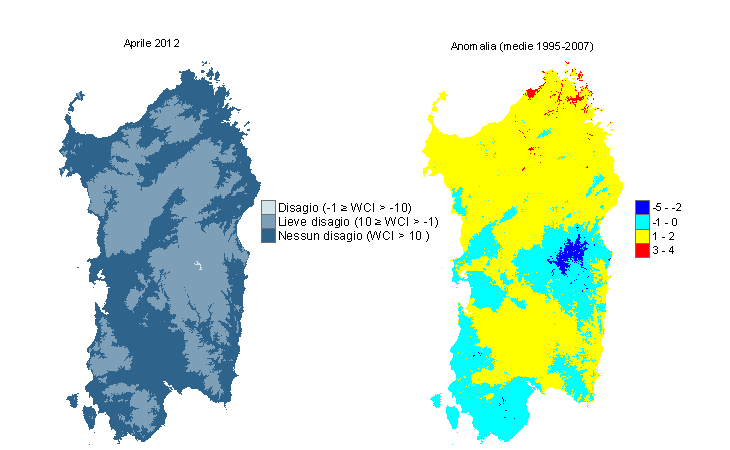 Figura 13 - Mappe di WCI per il mese di aprile 2012 e raffronto con i valori medi del periodo 1995-2007. Figura 13 - Mappe di WCI per il mese di aprile 2012 e raffronto con i valori medi del periodo 1995-2007.