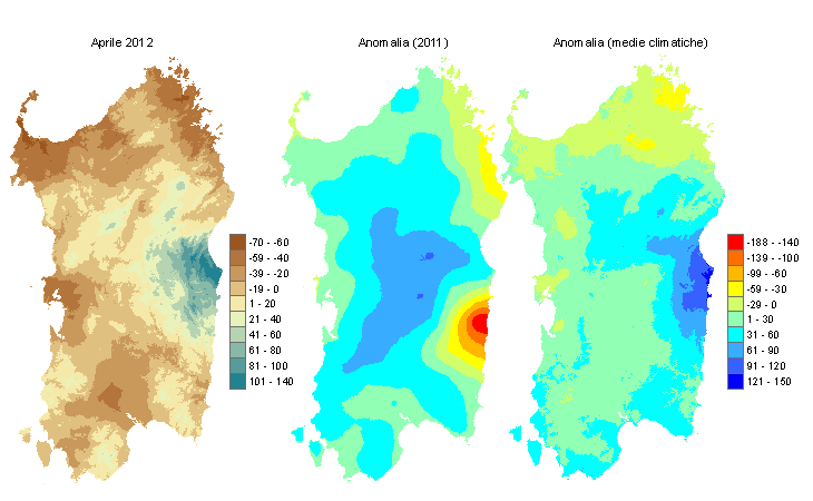 Figura 2 - Mappe di bilancio idro-meteorologico di aprile 2012 e di anomalia rispetto all'anno precedente e ai valori medi trentennali.