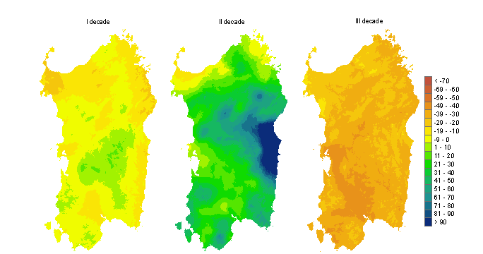 Figura 3 - Mappe di bilancio idro-meteorologico della I, II e III decade di aprile 2012. Figura 3 - Mappe di bilancio idro-meteorologico della I, II e III decade di aprile 2012.