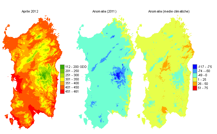 Figura 7 - Mappe di sommatorie termiche in base 0 °C calcolate per il mese di aprile 2012 e raffronto con l'anno precedente e con i valori medi trentennali. Figura 7 - Mappe di sommatorie termiche in base 0 °C calcolate per il mese di aprile 2012 e raffronto con l'anno precedente e con i valori medi trentennali.