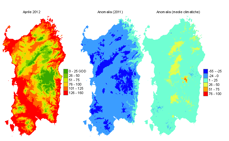 Figura 8 - Mappe di sommatorie termiche in base 10 °C calcolate per il mese di aprile 2012 e raffronto con l'anno precedente e con i valori medi trentennali. Figura 8 - Mappe di sommatorie termiche in base 10 °C calcolate per il mese di aprile 2012 e raffronto con l'anno precedente e con i valori medi trentennali.